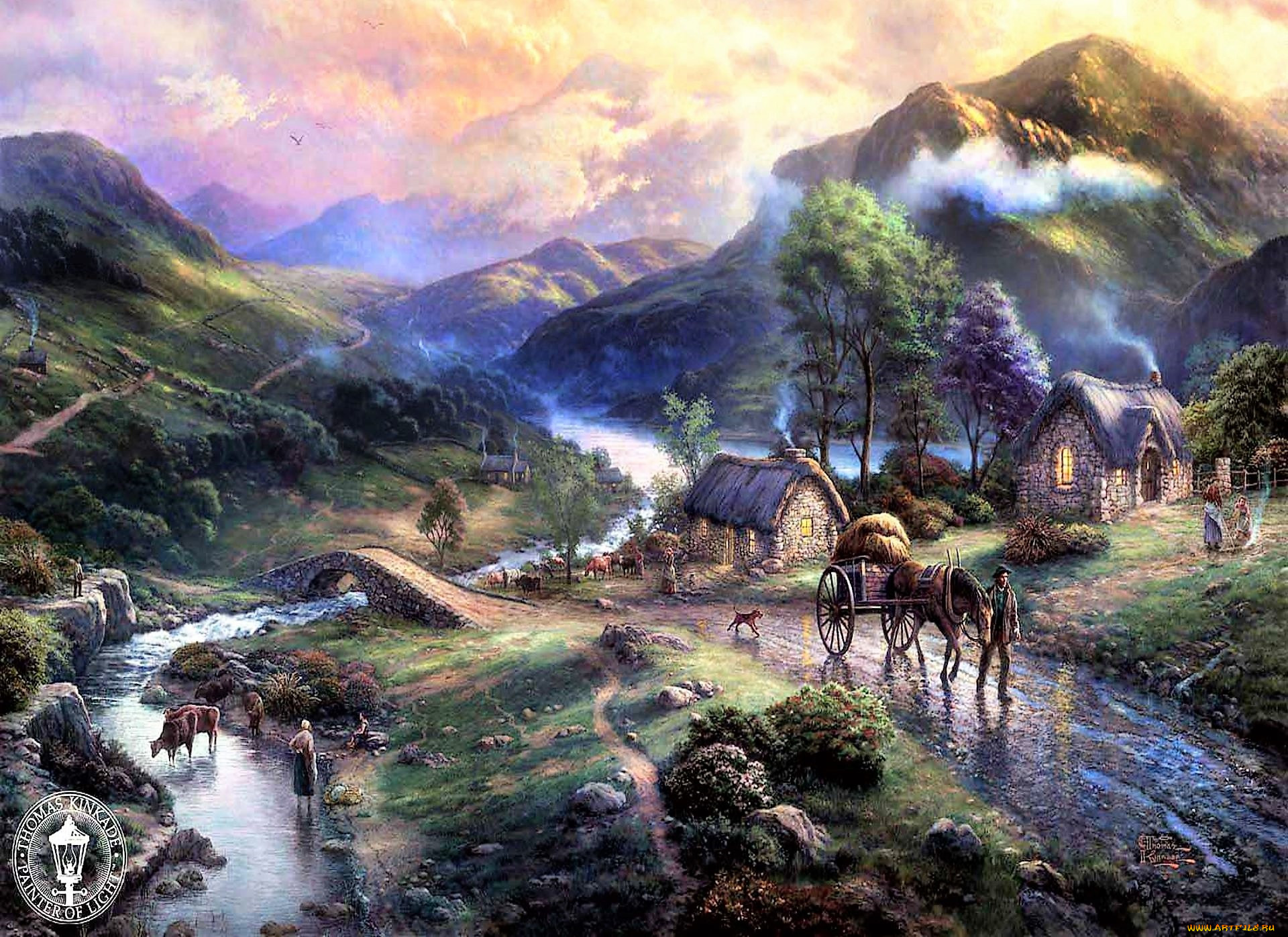 Обои Рисованное Thomas Kinkade, обои для рабочего стола, фотографии  рисованное, thomas kinkade, дома, горы, речка, мост, повозка Обои для  рабочего стола, скачать обои картинки заставки на рабочий стол.